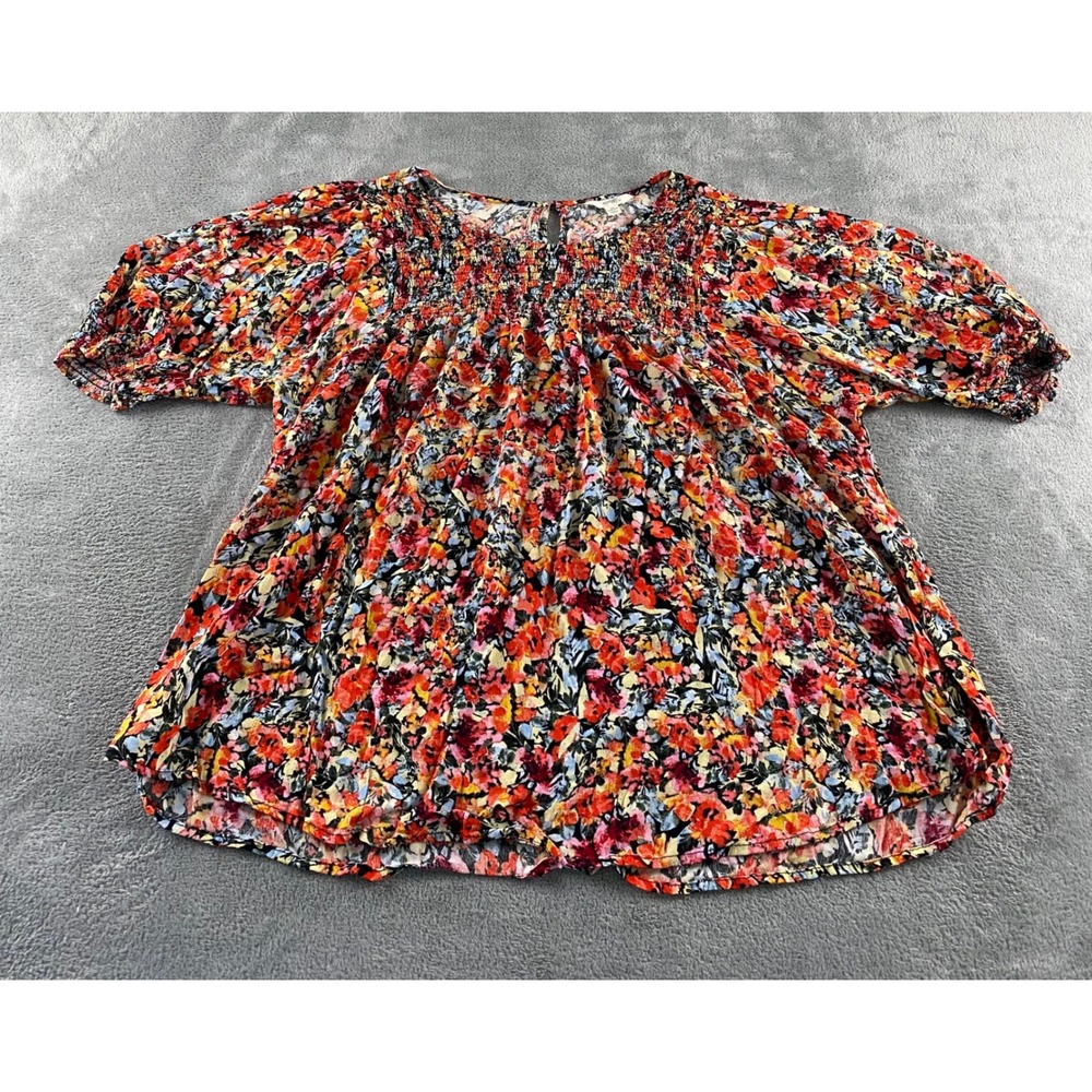 Terra & Sky Womens 2X Floral Smocked Short Sleeve Blouse Multicolor Plus Size